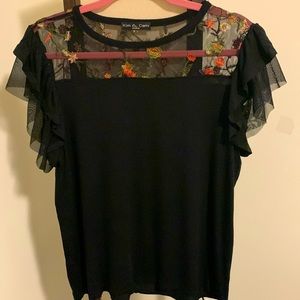 Kim & Cami rayon top with embroidered mesh yoke.